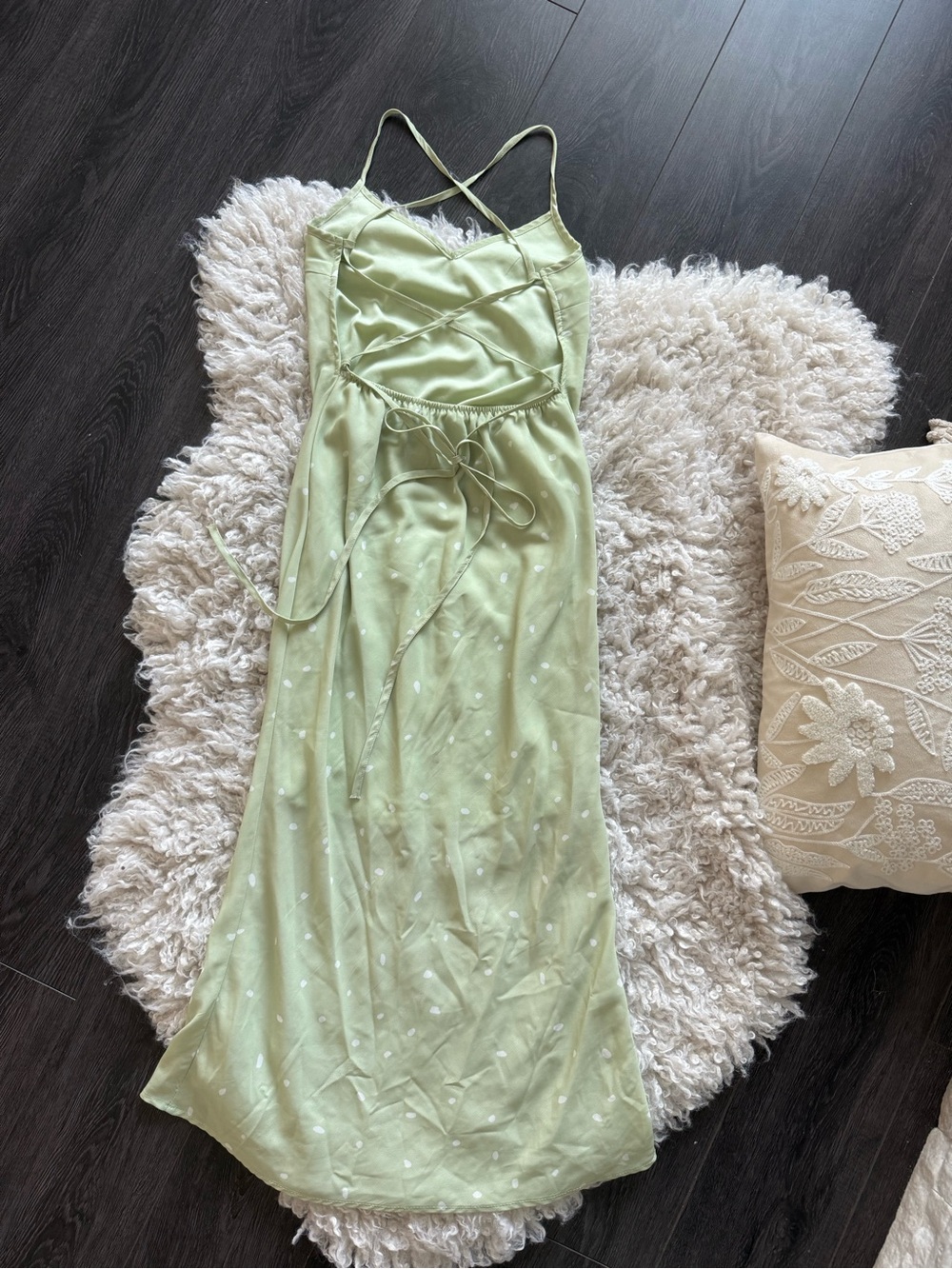 Princess Polly On Cloud Nine Open Back Dress in Sage Green w/ White Polka Dots - Picture 8 of 13